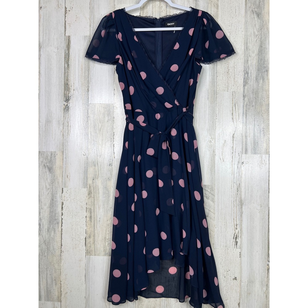 DKNY Navy Pink Polka Dot Lace Trim High-Low Wrap Dress Womens 10